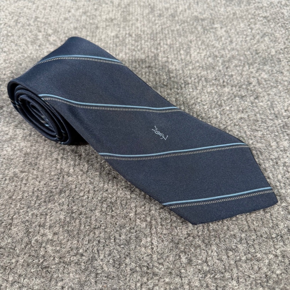 Yves Saint Laurent Mens Silk Tie Navy Blue Striped YSL Logo Necktie #4480